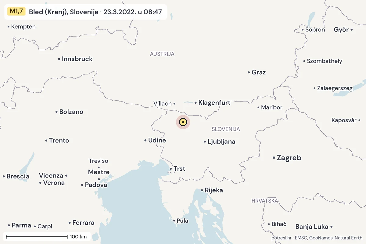 Karta: šire područje, 600 km, potres M1,7, Bled (Kranj), Slovenija, 23.3.2022.