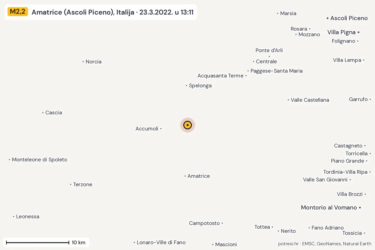 Karta: okolica epicentra, 60 km, potres M2,2, Amatrice (Ascoli Piceno), Italija, 23.3.2022.