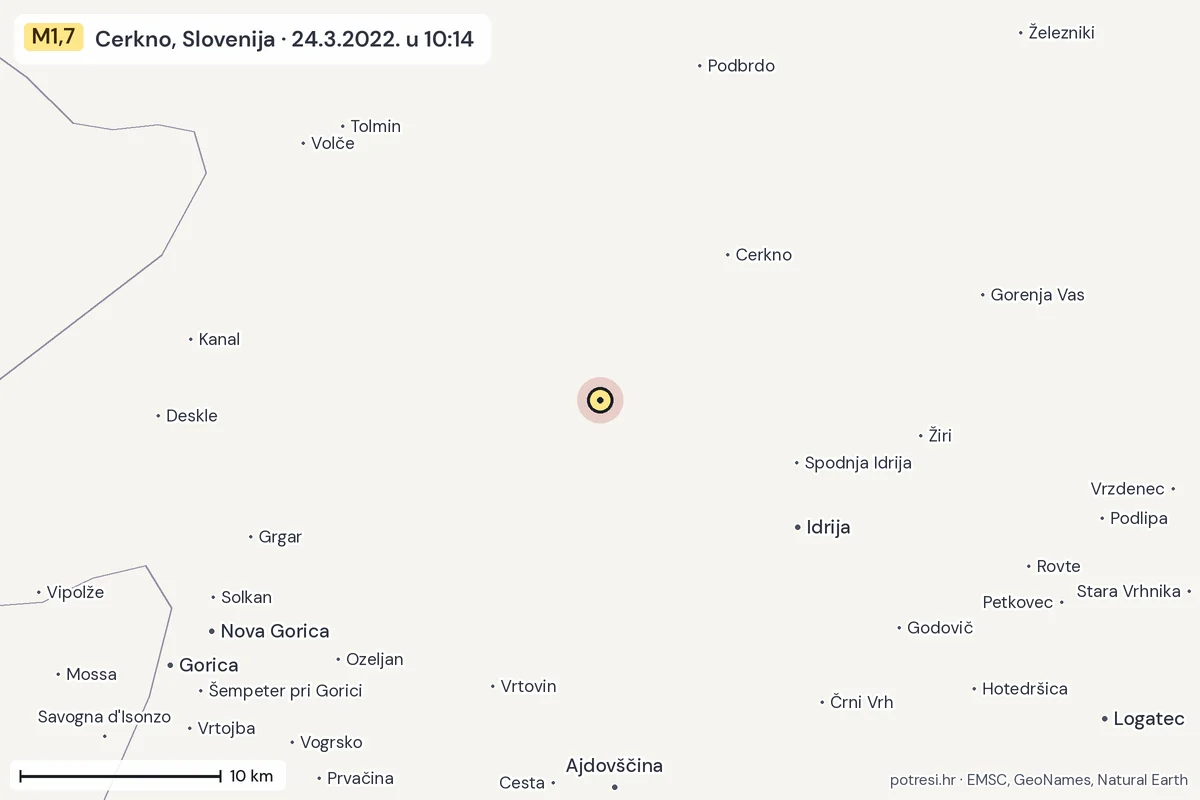 Karta: okolica epicentra, 60 km, potres M1,7, Cerkno, Slovenija, 24.3.2022.