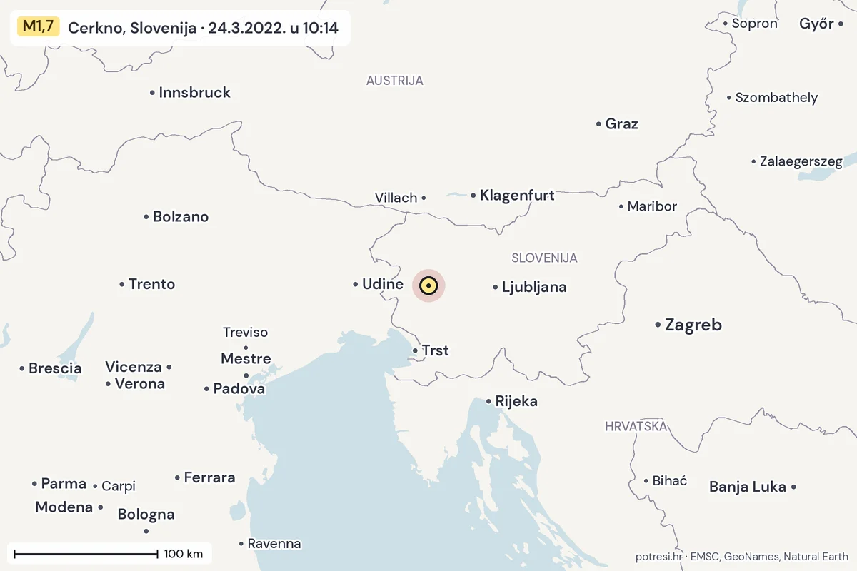 Karta: šire područje, 600 km, potres M1,7, Cerkno, Slovenija, 24.3.2022.