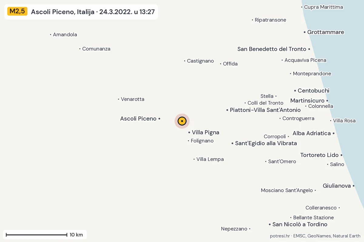 Karta: okolica epicentra, 60 km, potres M2,5, Ascoli Piceno, Italija, 24.3.2022.