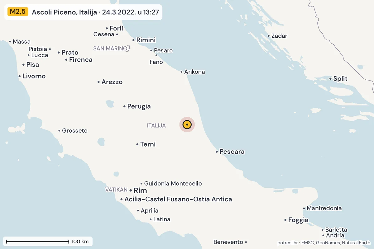 Karta: šire područje, 600 km, potres M2,5, Ascoli Piceno, Italija, 24.3.2022.