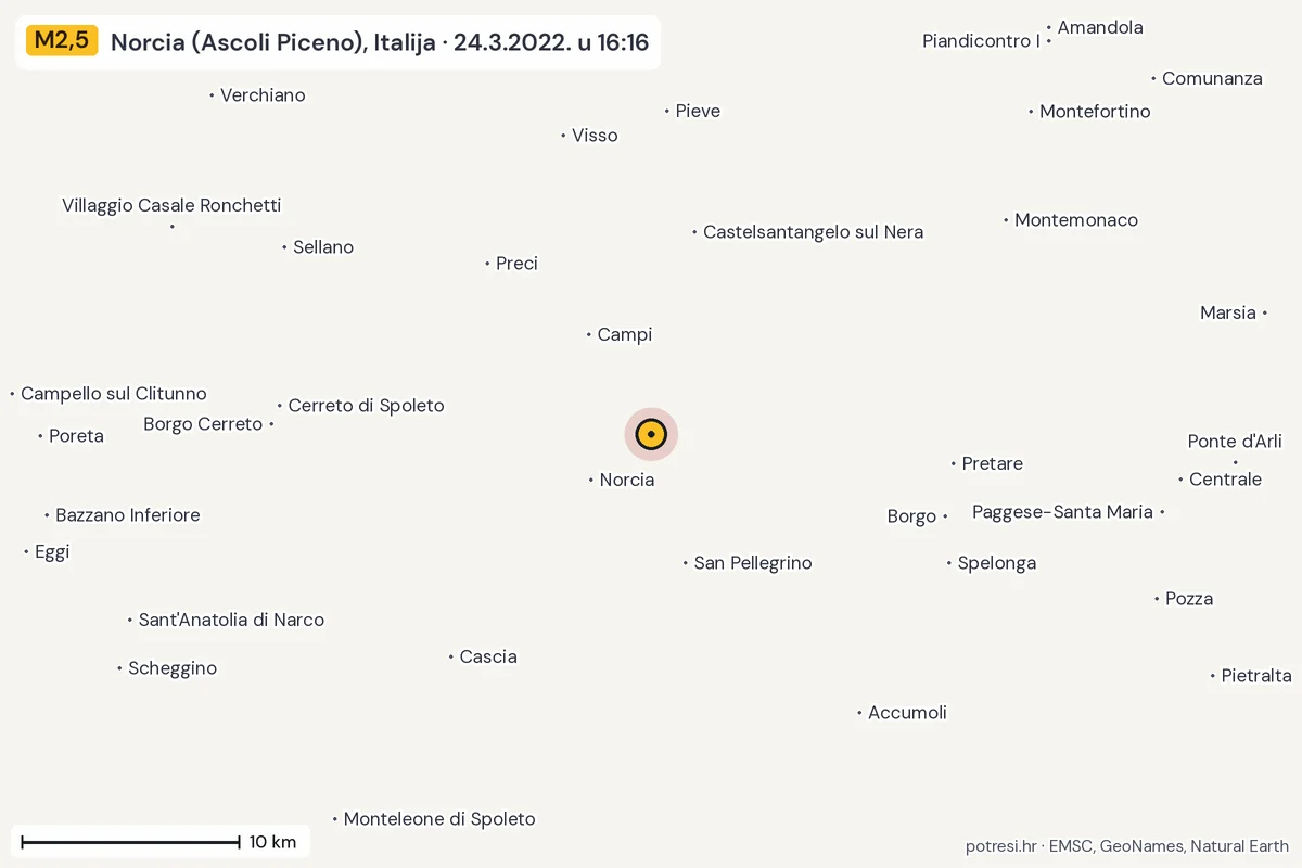 Karta: okolica epicentra, 60 km, potres M2,5, Norcia (Ascoli Piceno), Italija, 24.3.2022.
