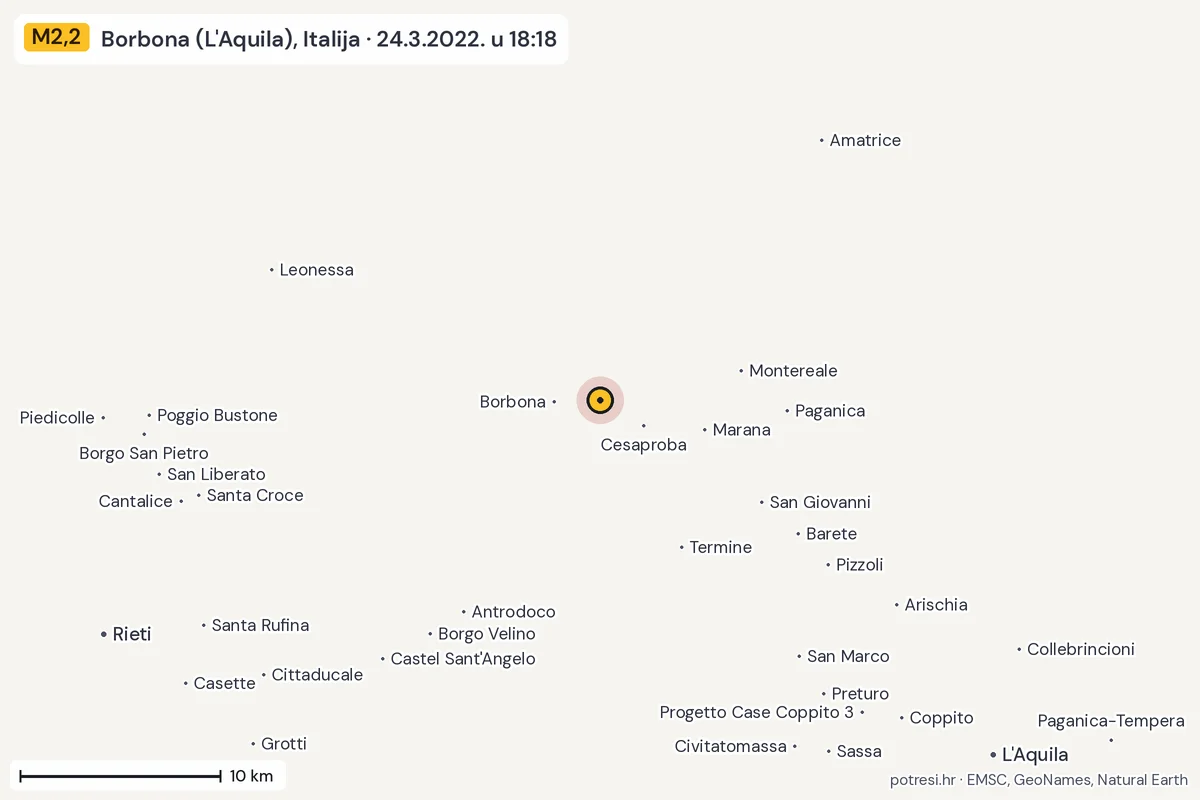 Karta: okolica epicentra, 60 km, potres M2,2, Borbona (L'Aquila), Italija, 24.3.2022.