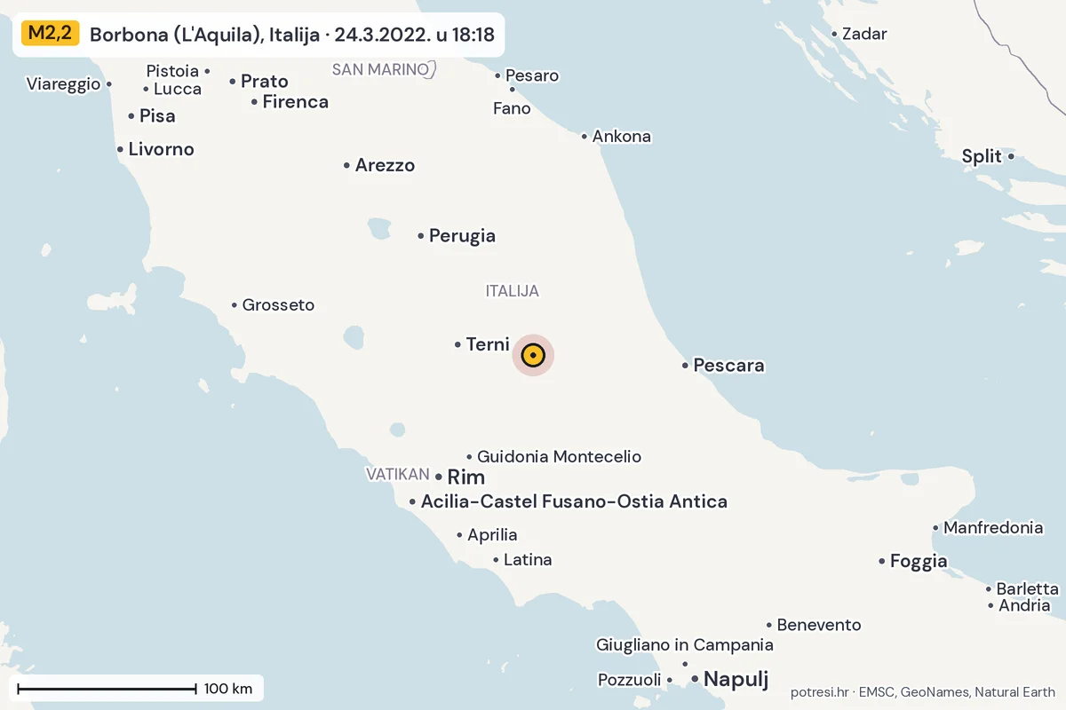 Karta: šire područje, 600 km, potres M2,2, Borbona (L'Aquila), Italija, 24.3.2022.