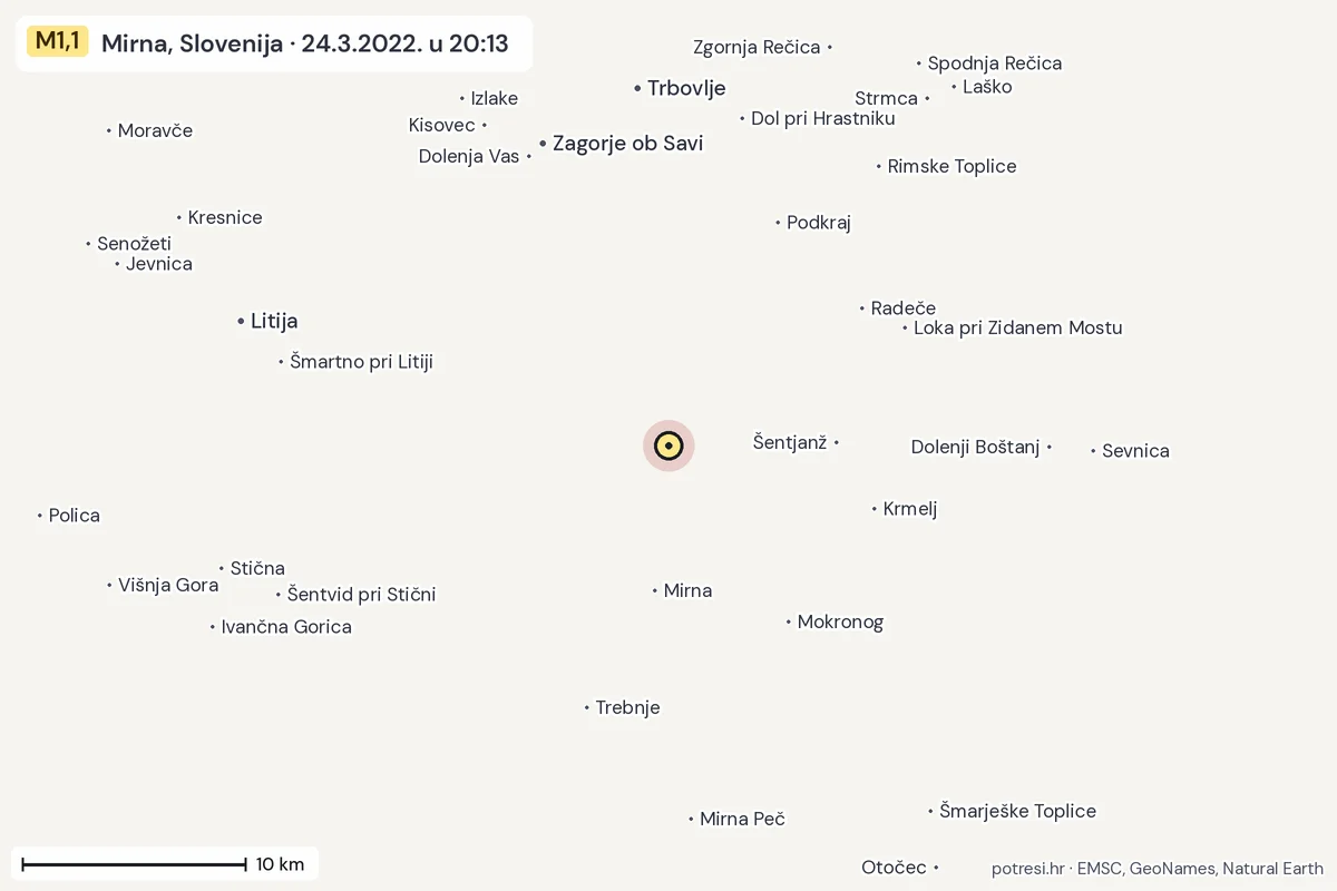 Karta: okolica epicentra, 60 km, potres M1,1, Mirna, Slovenija, 24.3.2022.