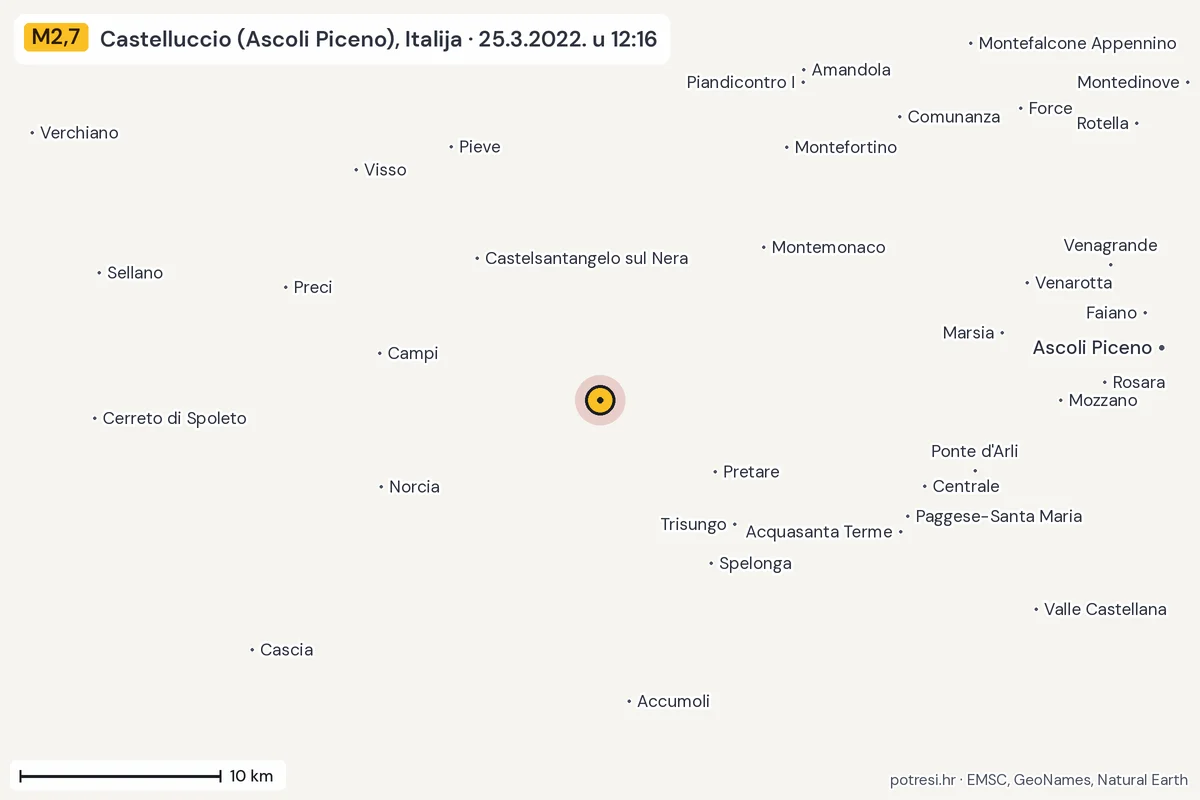Karta: okolica epicentra, 60 km, potres M2,7, Castelluccio (Ascoli Piceno), Italija, 25.3.2022.
