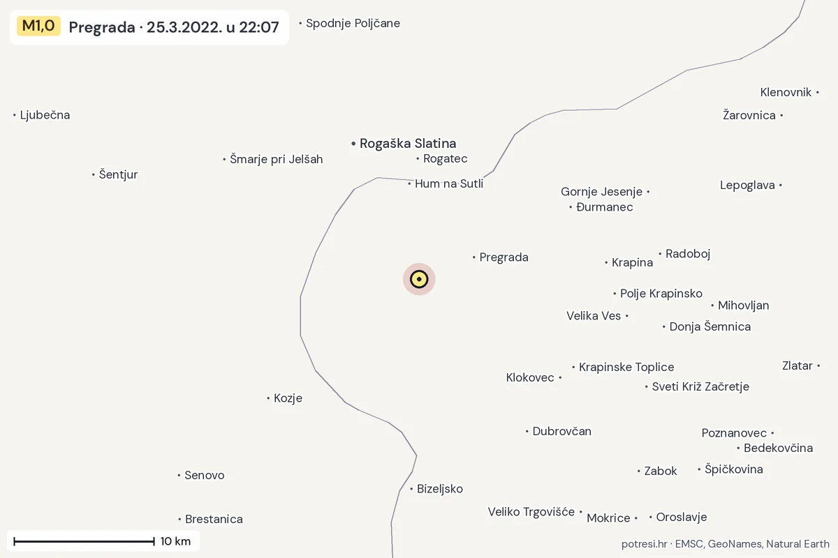 Karta: okolica epicentra, 60 km, potres M1,0, Pregrada, 25.3.2022.