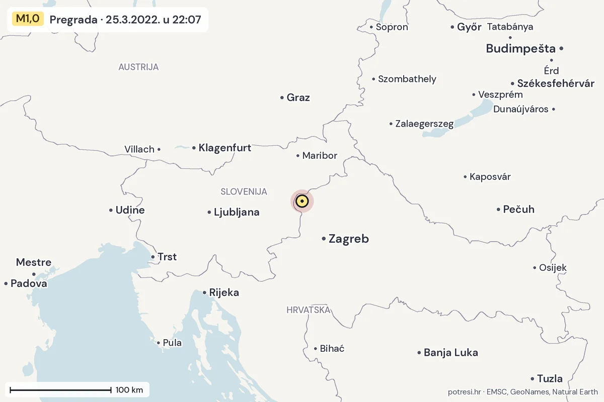 Karta: šire područje, 600 km, potres M1,0, Pregrada, 25.3.2022.