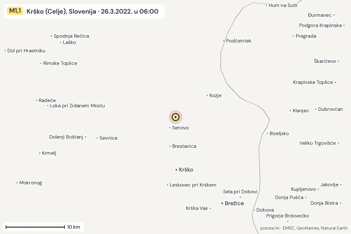 Karta: okolica epicentra, 60 km, potres M1,1, Krško (Celje), Slovenija, 26.3.2022.