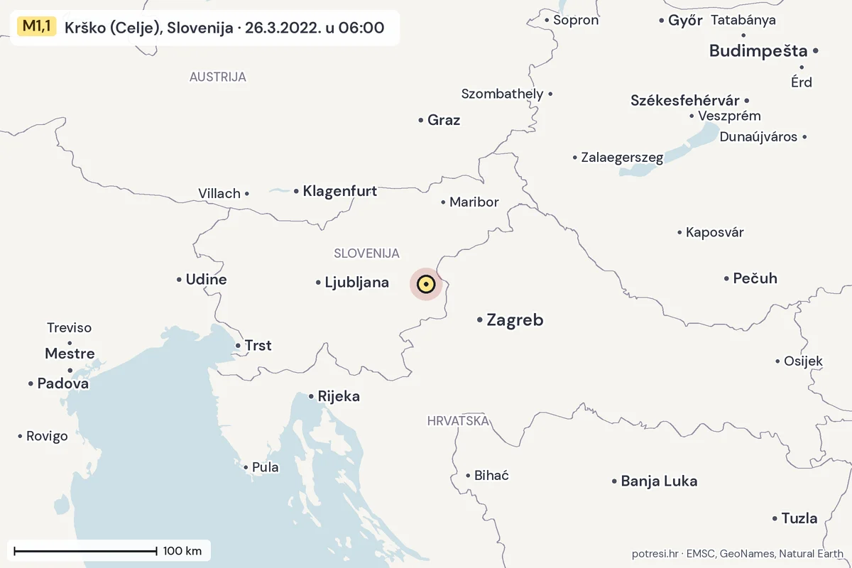 Karta: šire područje, 600 km, potres M1,1, Krško (Celje), Slovenija, 26.3.2022.