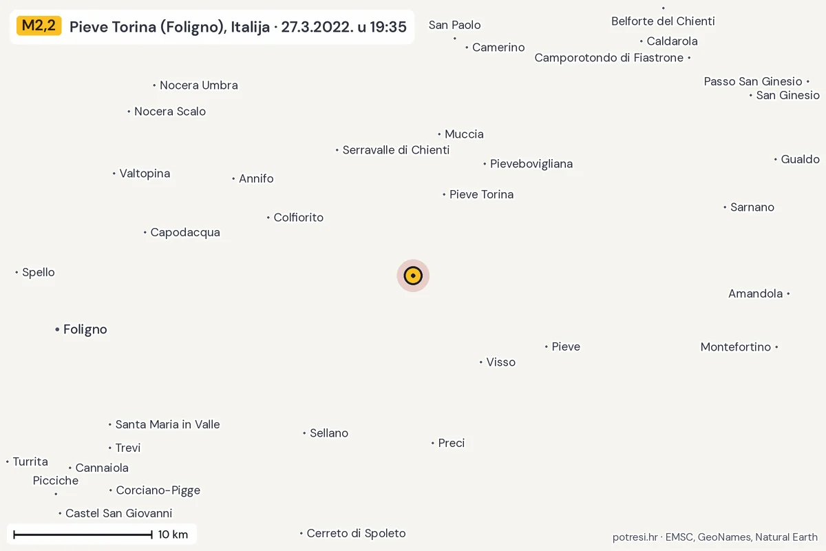 Karta: okolica epicentra, 60 km, potres M2,2, Pieve Torina (Foligno), Italija, 27.3.2022.