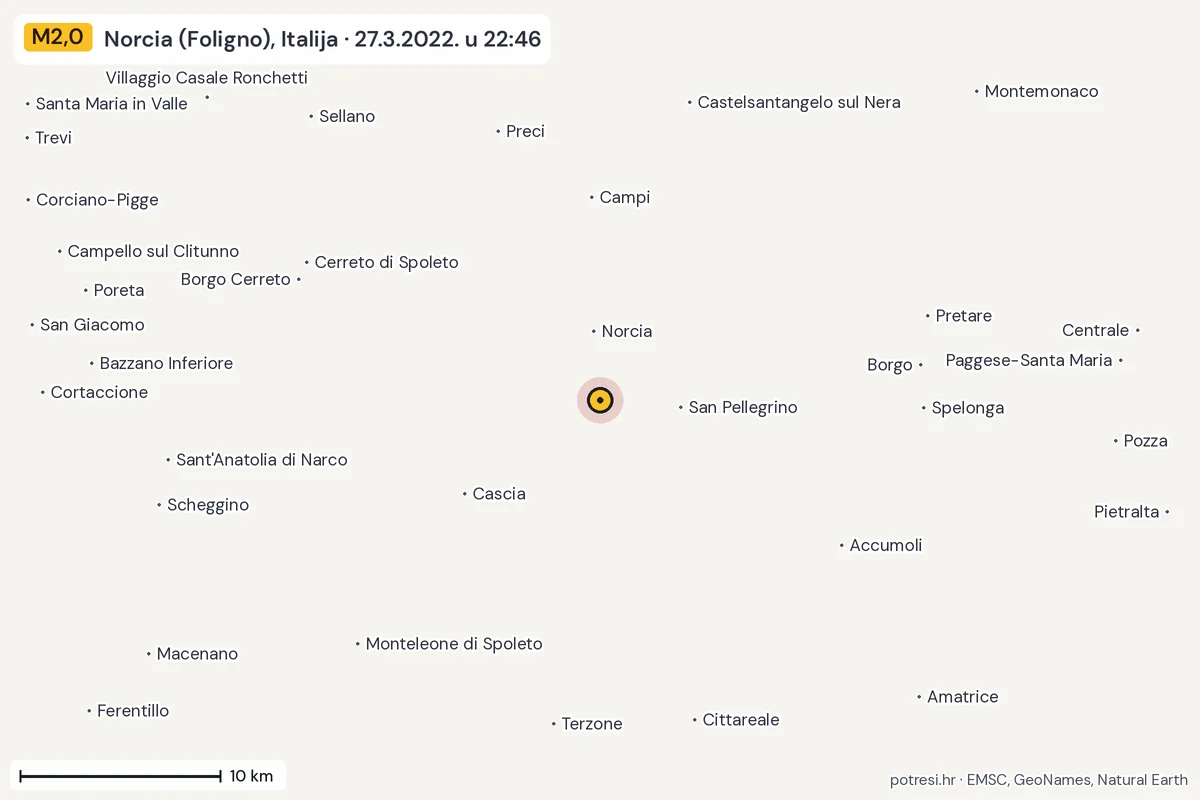 Karta: okolica epicentra, 60 km, potres M2,0, Norcia (Foligno), Italija, 27.3.2022.