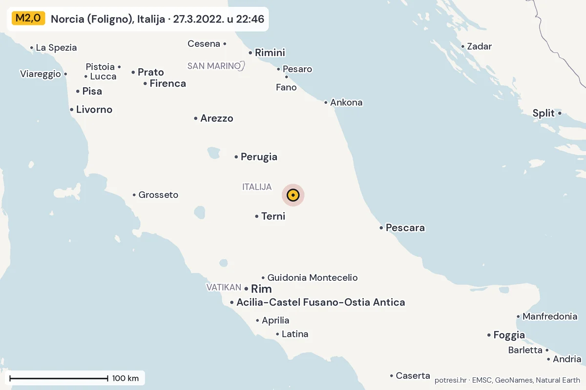Karta: šire područje, 600 km, potres M2,0, Norcia (Foligno), Italija, 27.3.2022.