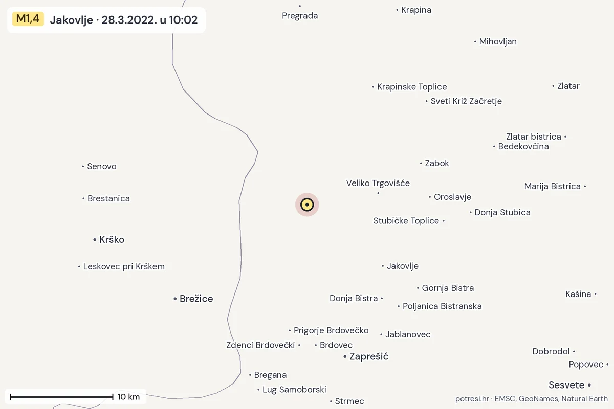 Karta: okolica epicentra, 60 km, potres M1,4, Jakovlje, 28.3.2022.