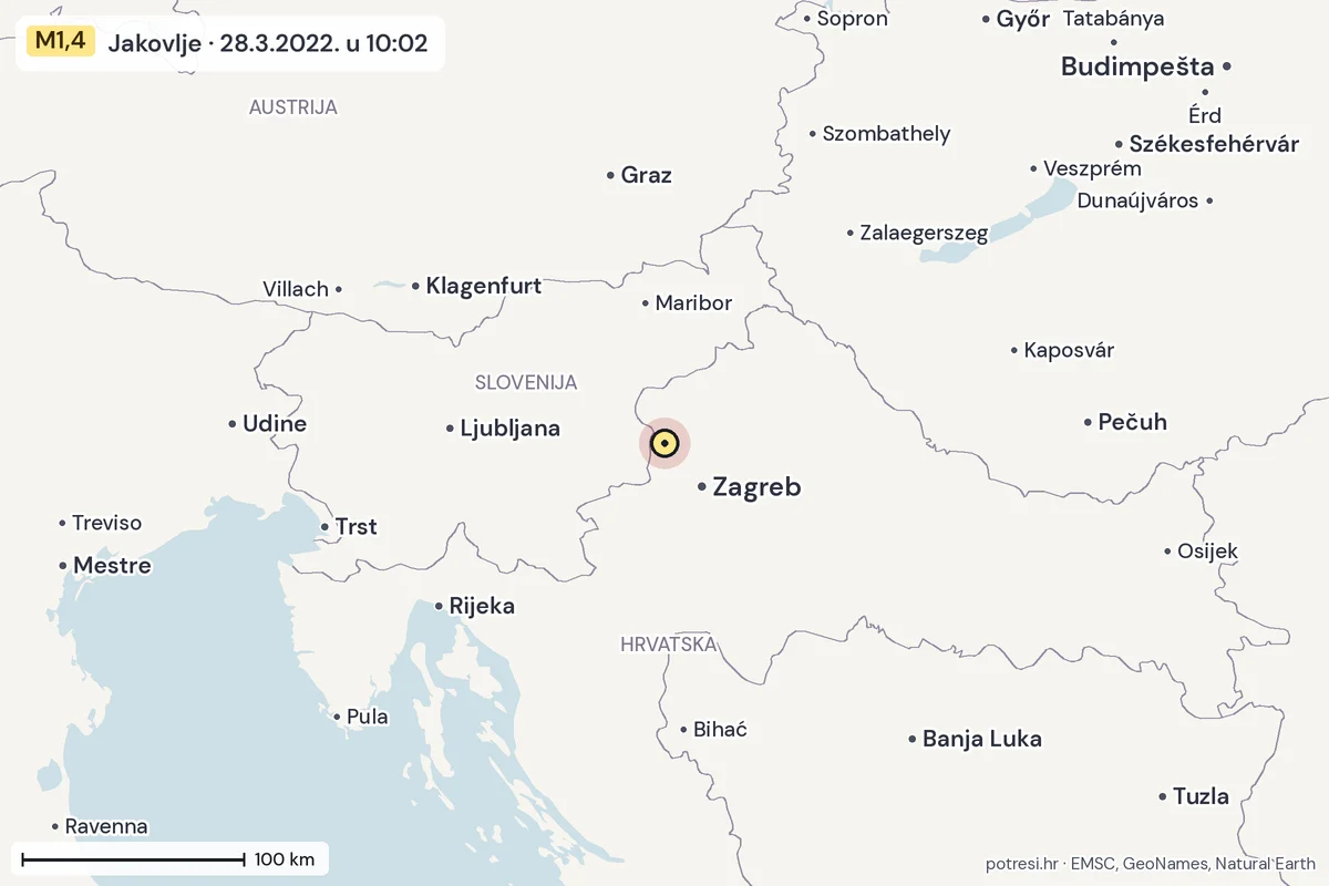 Karta: šire područje, 600 km, potres M1,4, Jakovlje, 28.3.2022.