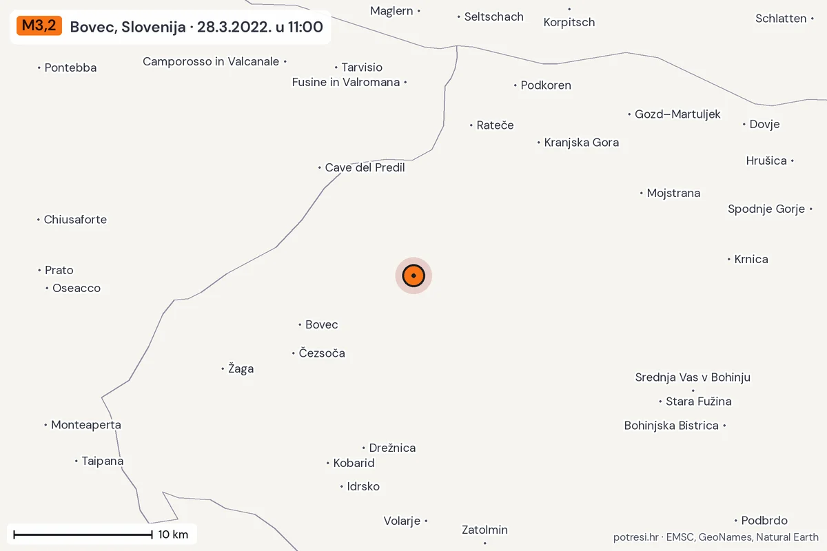 Karta: okolica epicentra, 60 km, potres M3,2, Bovec, Slovenija, 28.3.2022.