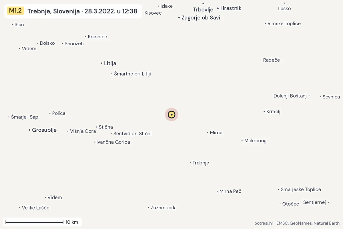Karta: okolica epicentra, 60 km, potres M1,2, Trebnje, Slovenija, 28.3.2022.