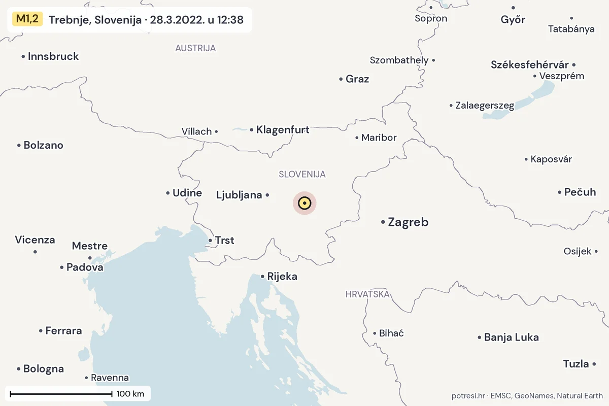 Karta: šire područje, 600 km, potres M1,2, Trebnje, Slovenija, 28.3.2022.