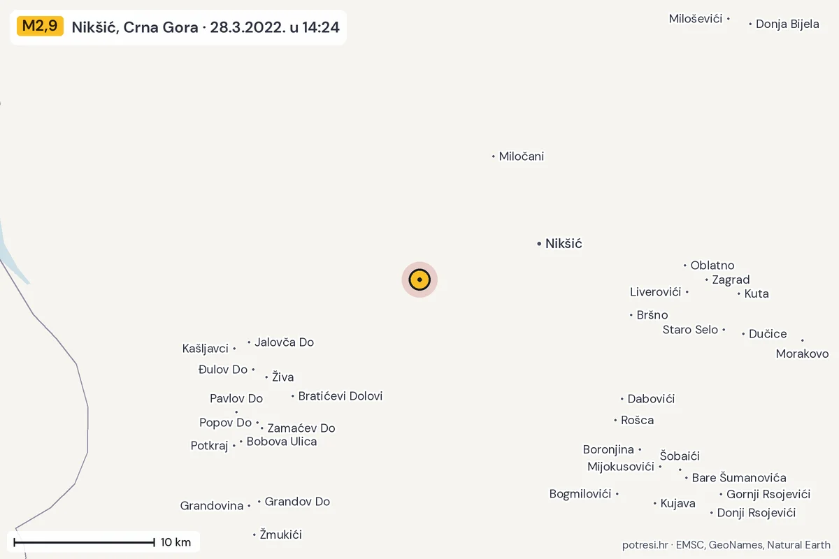Karta: okolica epicentra, 60 km, potres M2,9, Nikšić, Crna Gora, 28.3.2022.