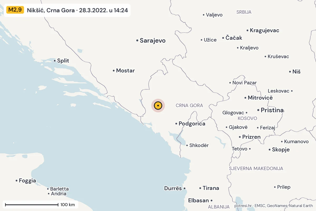 Karta: šire područje, 600 km, potres M2,9, Nikšić, Crna Gora, 28.3.2022.