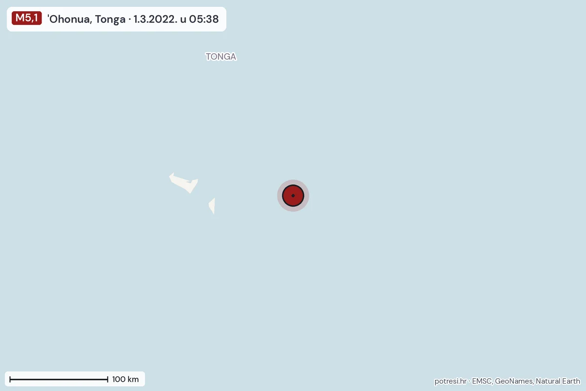 Karta: šire područje, 600 km, potres M5,1, 'Ohonua, Tonga, 1.3.2022.
