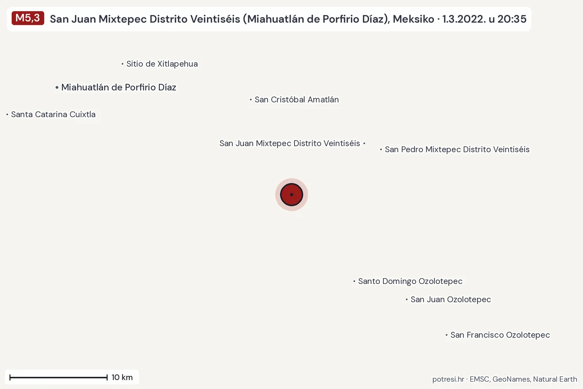 Karta: okolica epicentra, 60 km, potres M5,3, San Juan Mixtepec Distrito Veintiséis (Miahuatlán de Porfirio Díaz), Meksiko, 1.3.2022.