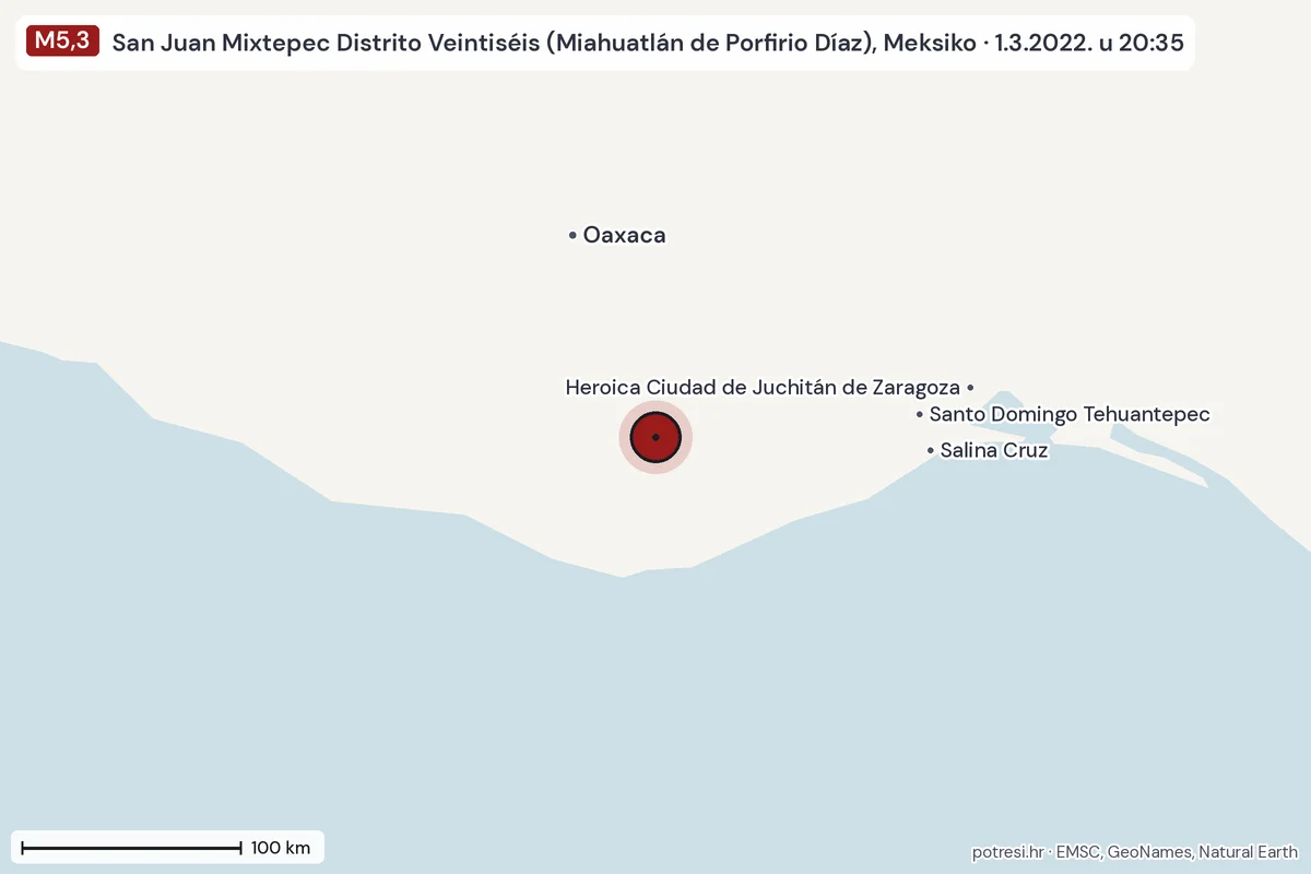 Karta: šire područje, 600 km, potres M5,3, San Juan Mixtepec Distrito Veintiséis (Miahuatlán de Porfirio Díaz), Meksiko, 1.3.2022.