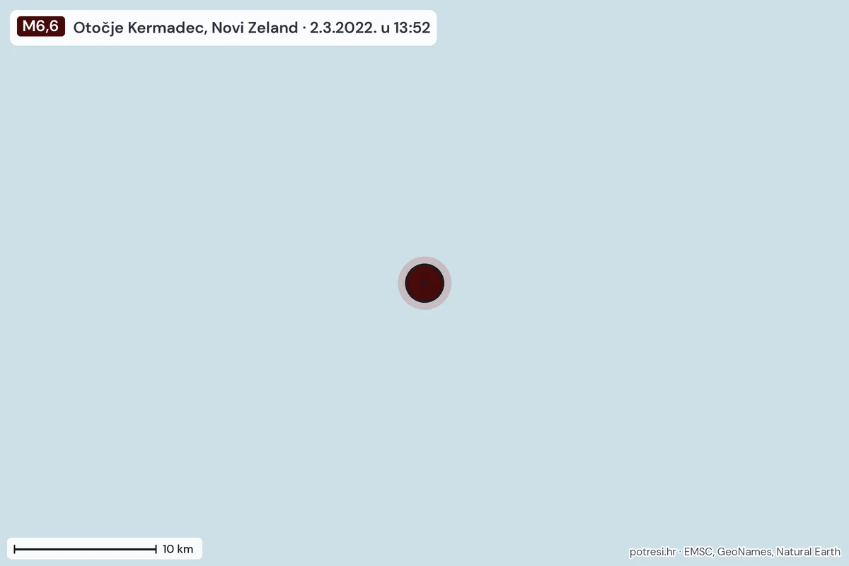 Karta: okolica epicentra, 60 km, potres M6,6, Otočje Kermadec, Novi Zeland, 2.3.2022.