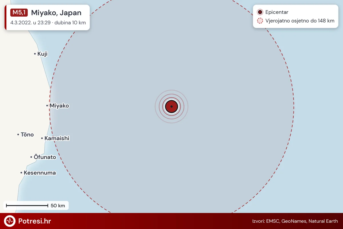 Karta: šire područje i vjerojatni doseg osjeta, potres M5,1, Miyako, Japan, 4.3.2022.