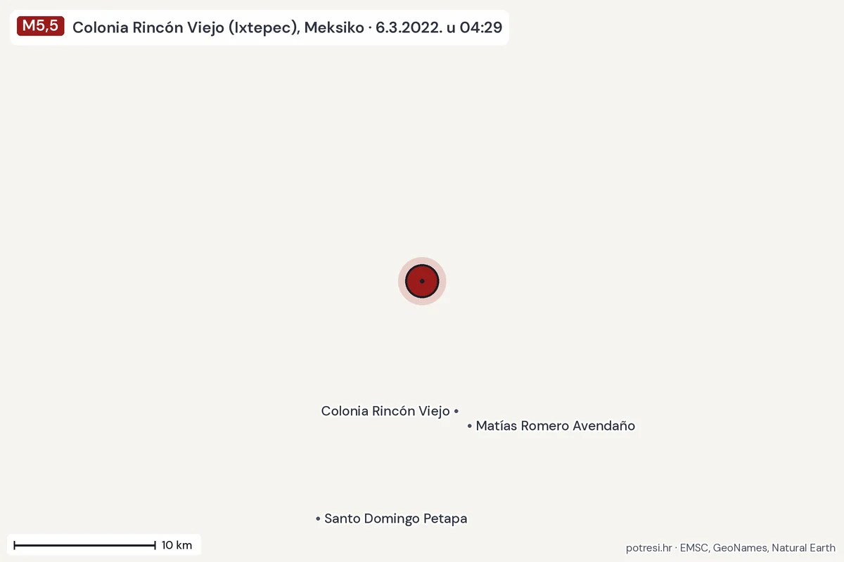 Karta: okolica epicentra, 60 km, potres M5,5, Colonia Rincón Viejo (Ixtepec), Meksiko, 6.3.2022.