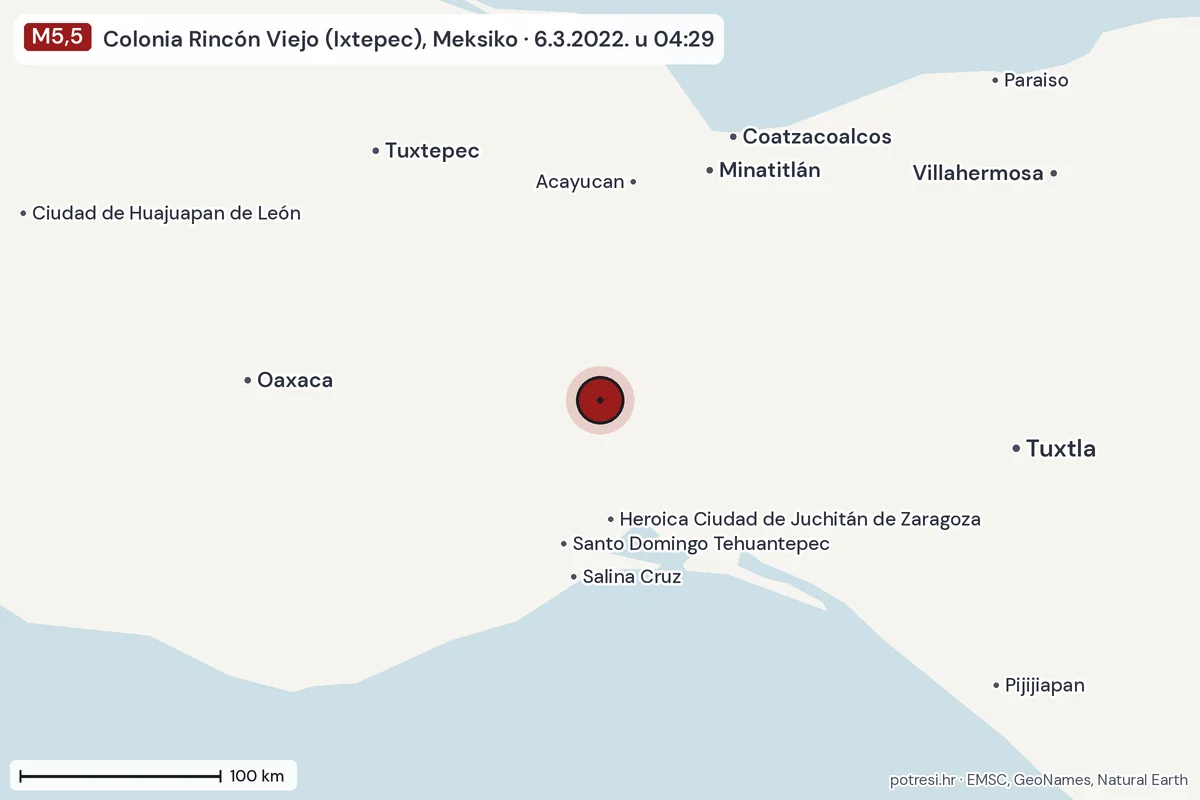 Karta: šire područje, 600 km, potres M5,5, Colonia Rincón Viejo (Ixtepec), Meksiko, 6.3.2022.