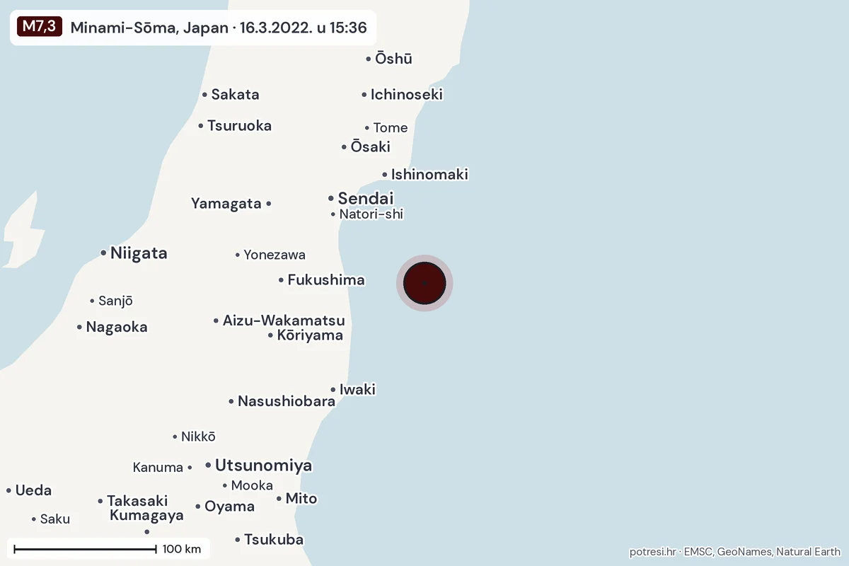 Karta: šire područje, 600 km, potres M7,3, Minami-Sōma, Japan, 16.3.2022.