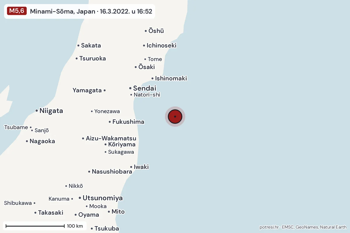 Karta: šire područje, 600 km, potres M5,6, Minami-Sōma, Japan, 16.3.2022.