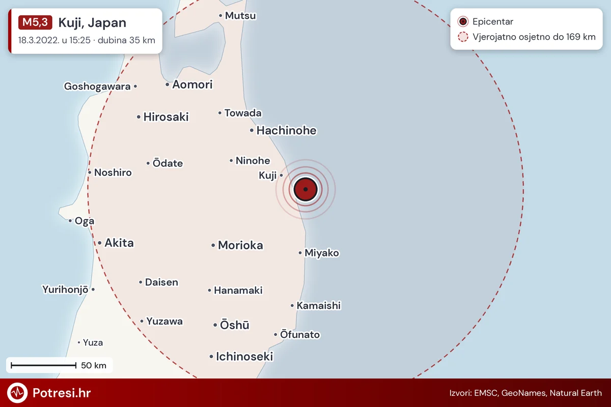 Karta: šire područje i vjerojatni doseg osjeta, potres M5,3, Kuji, Japan, 18.3.2022.