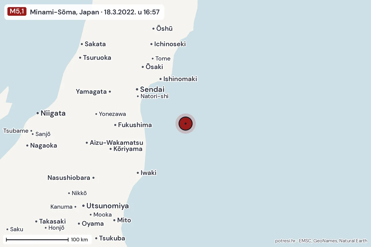 Karta: šire područje, 600 km, potres M5,1, Minami-Sōma, Japan, 18.3.2022.