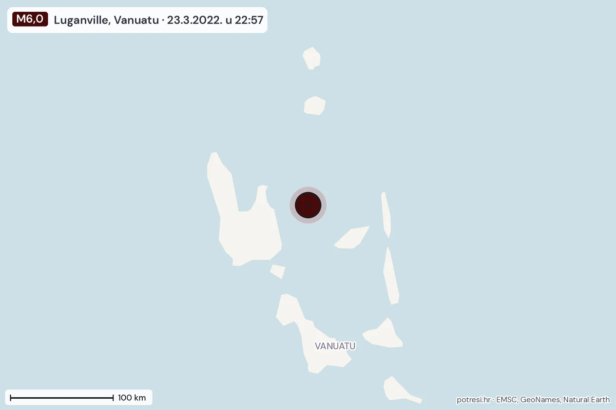 Karta: šire područje, 600 km, potres M6,0, Luganville, Vanuatu, 23.3.2022.
