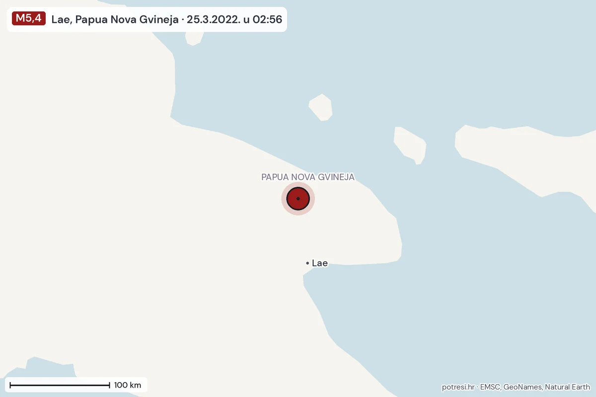 Karta: šire područje, 600 km, potres M5,4, Lae, Papua Nova Gvineja, 25.3.2022.