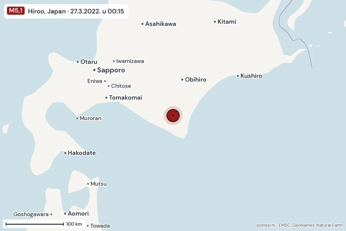 Karta: šire područje, 600 km, potres M5,1, Hiroo, Japan, 27.3.2022.