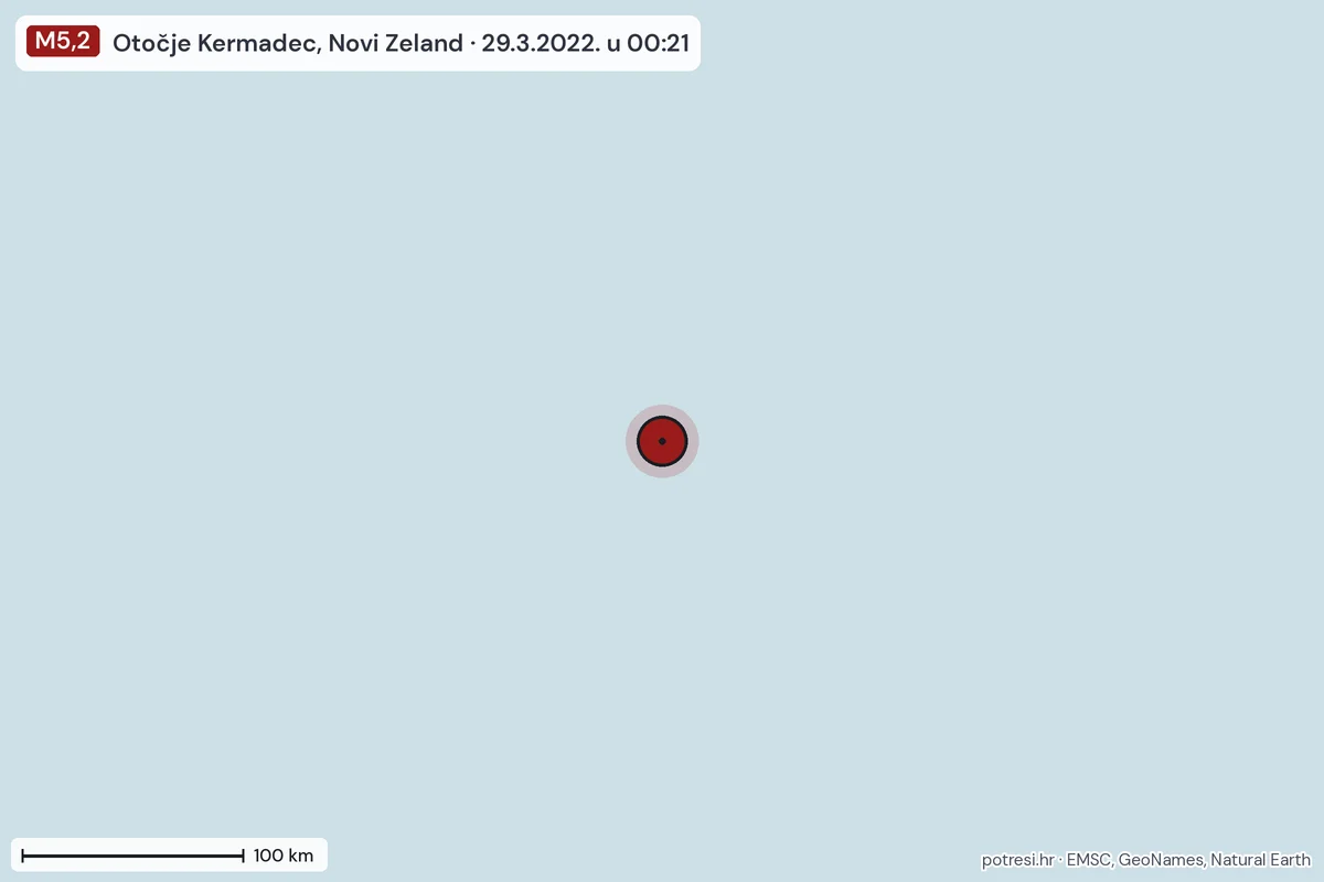 Karta: šire područje, 600 km, potres M5,2, Otočje Kermadec, Novi Zeland, 29.3.2022.