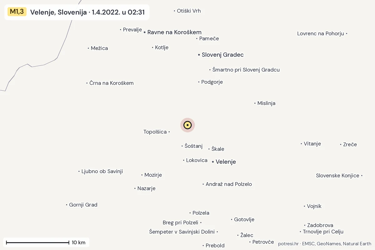 Karta: okolica epicentra, 60 km, potres M1,3, Velenje, Slovenija, 1.4.2022.