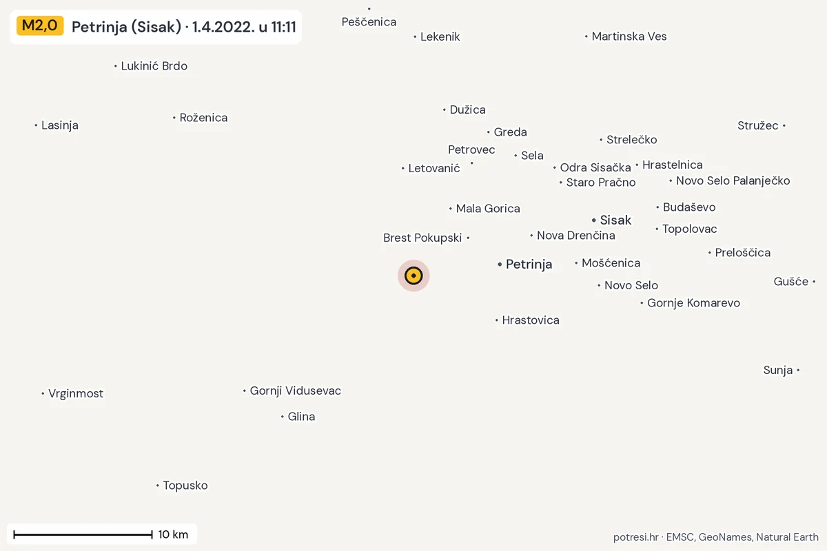 Karta: okolica epicentra, 60 km, potres M2,0, Petrinja (Sisak), 1.4.2022.