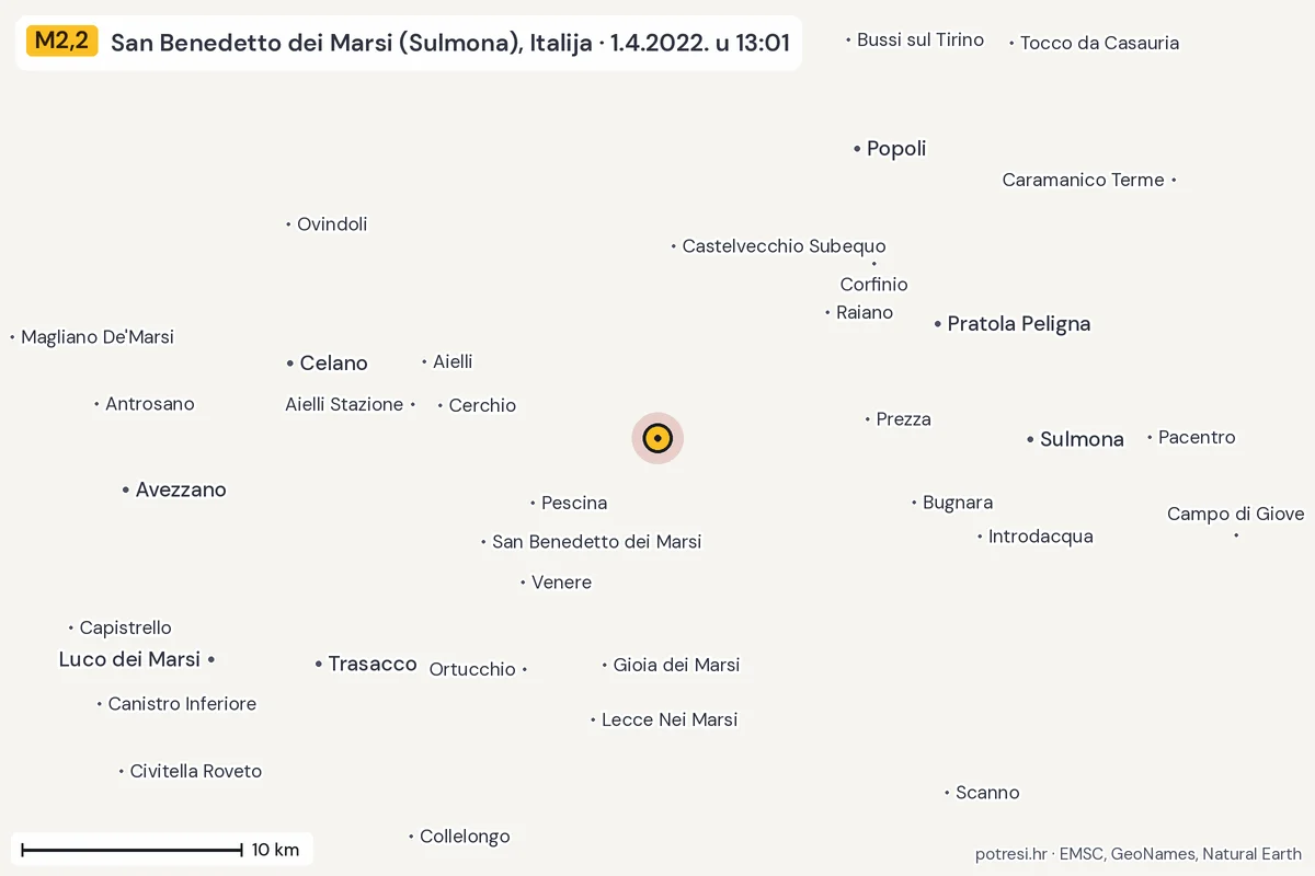 Karta: okolica epicentra, 60 km, potres M2,2, San Benedetto dei Marsi (Sulmona), Italija, 1.4.2022.