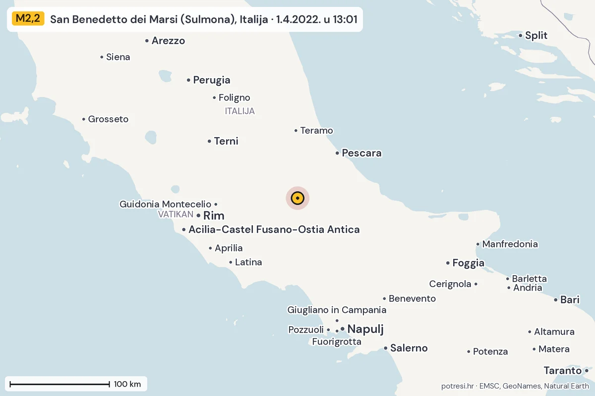 Karta: šire područje, 600 km, potres M2,2, San Benedetto dei Marsi (Sulmona), Italija, 1.4.2022.