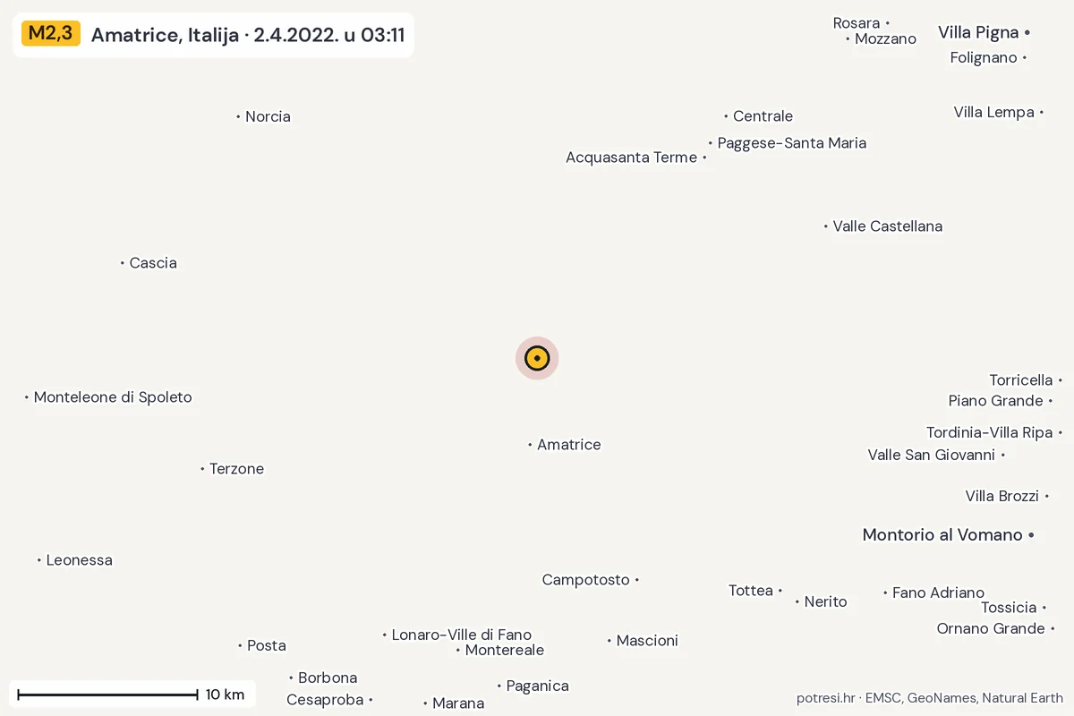 Karta: okolica epicentra, 60 km, potres M2,3, Amatrice, Italija, 2.4.2022.