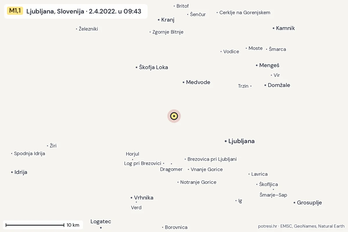 Karta: okolica epicentra, 60 km, potres M1,1, Ljubljana, Slovenija, 2.4.2022.