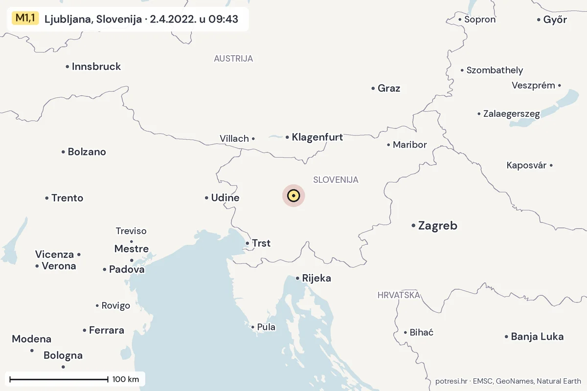 Karta: šire područje, 600 km, potres M1,1, Ljubljana, Slovenija, 2.4.2022.