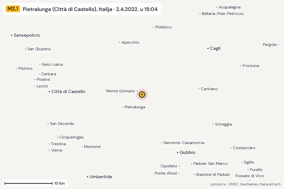 Karta: okolica epicentra, 60 km, potres M2,1, Pietralunga (Città di Castello), Italija, 2.4.2022.