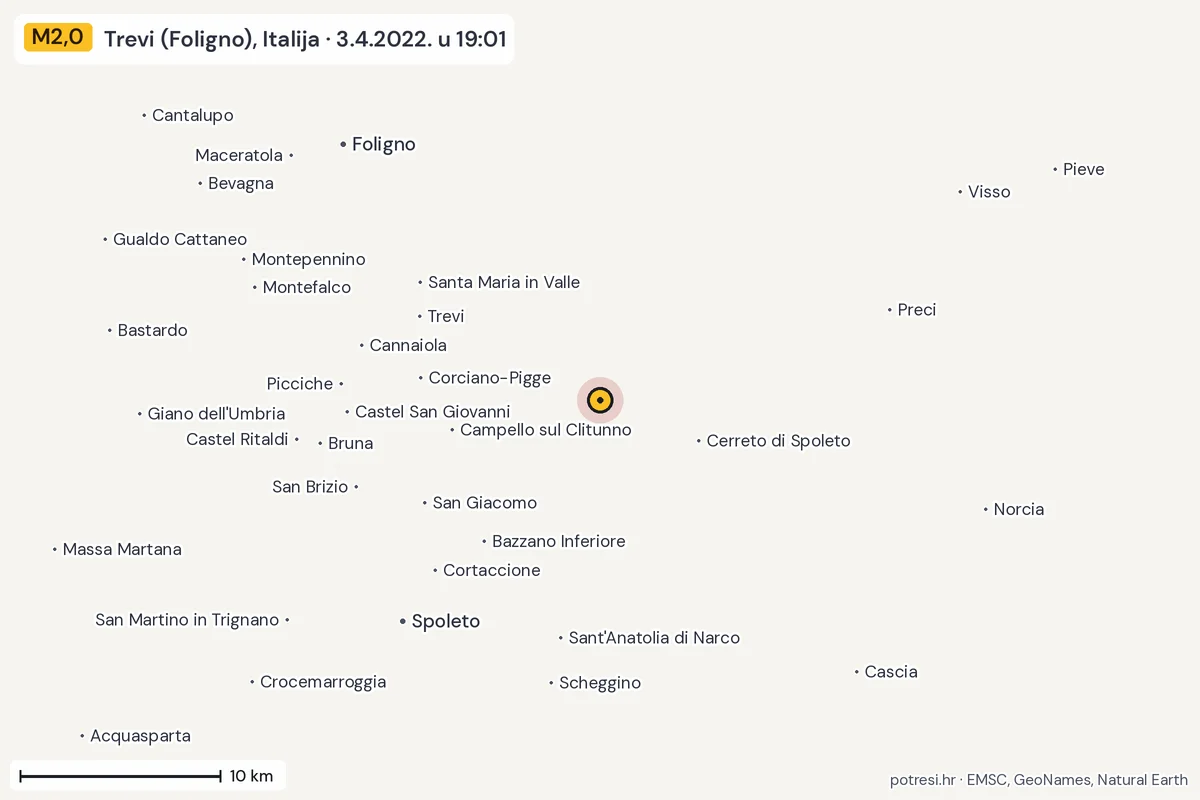 Karta: okolica epicentra, 60 km, potres M2,0, Trevi (Foligno), Italija, 3.4.2022.