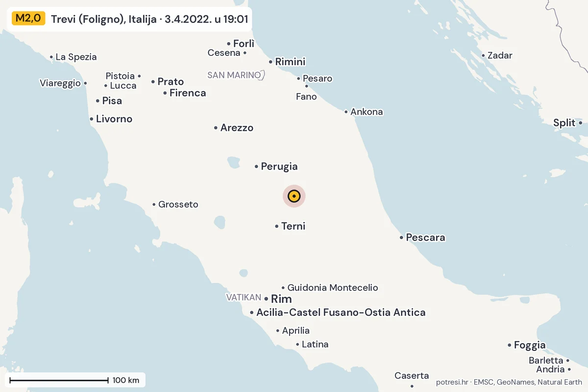 Karta: šire područje, 600 km, potres M2,0, Trevi (Foligno), Italija, 3.4.2022.